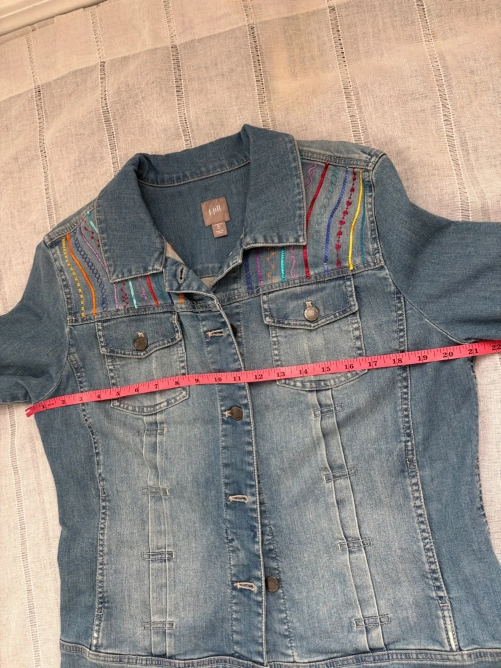 J. Jill Light Blue Denim Jacket with Multicolor Embroidered Yoke - Picture 11 of 13